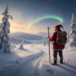 joulutonttu-seisoo-lapissa-tunturin-laella-ja-katsoo-lumista-polkua-joka-ava